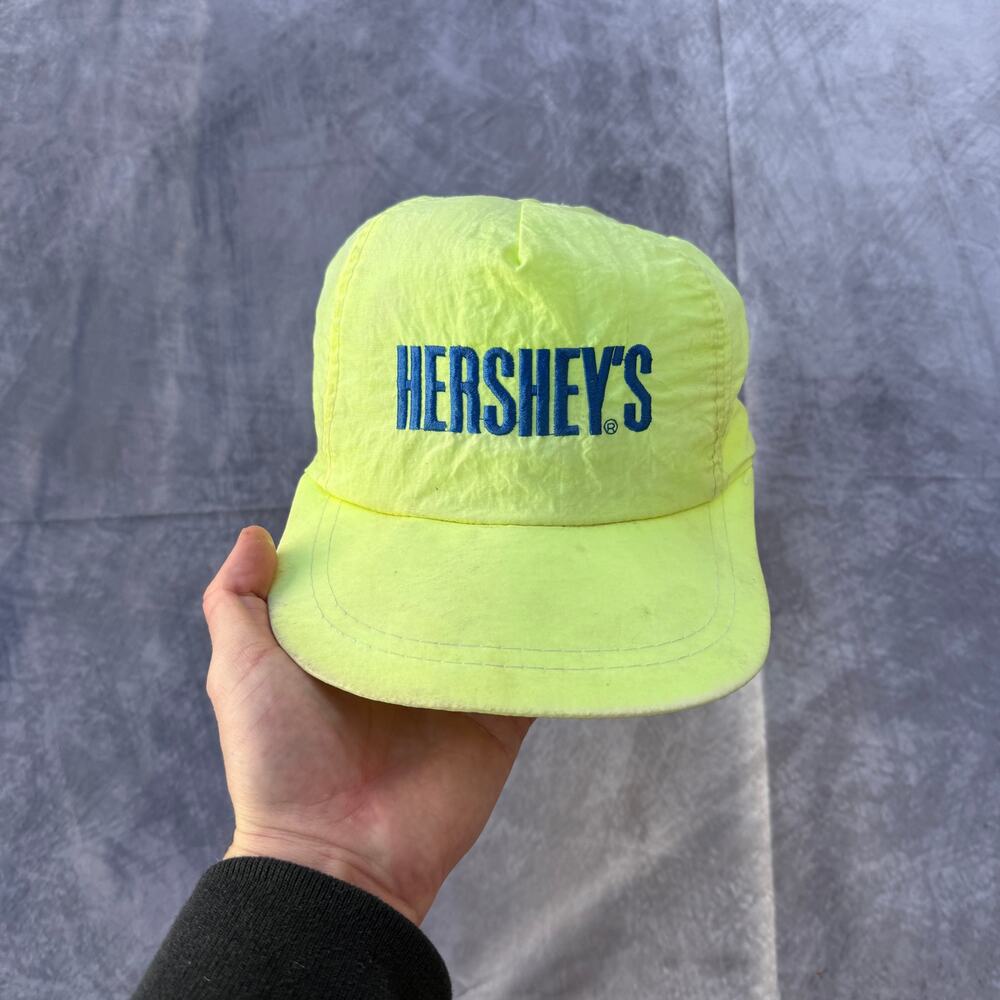 Vintage 80's Hershey's Chocolate Neon Green Nylon Snapback Hat Cap VTG Retro